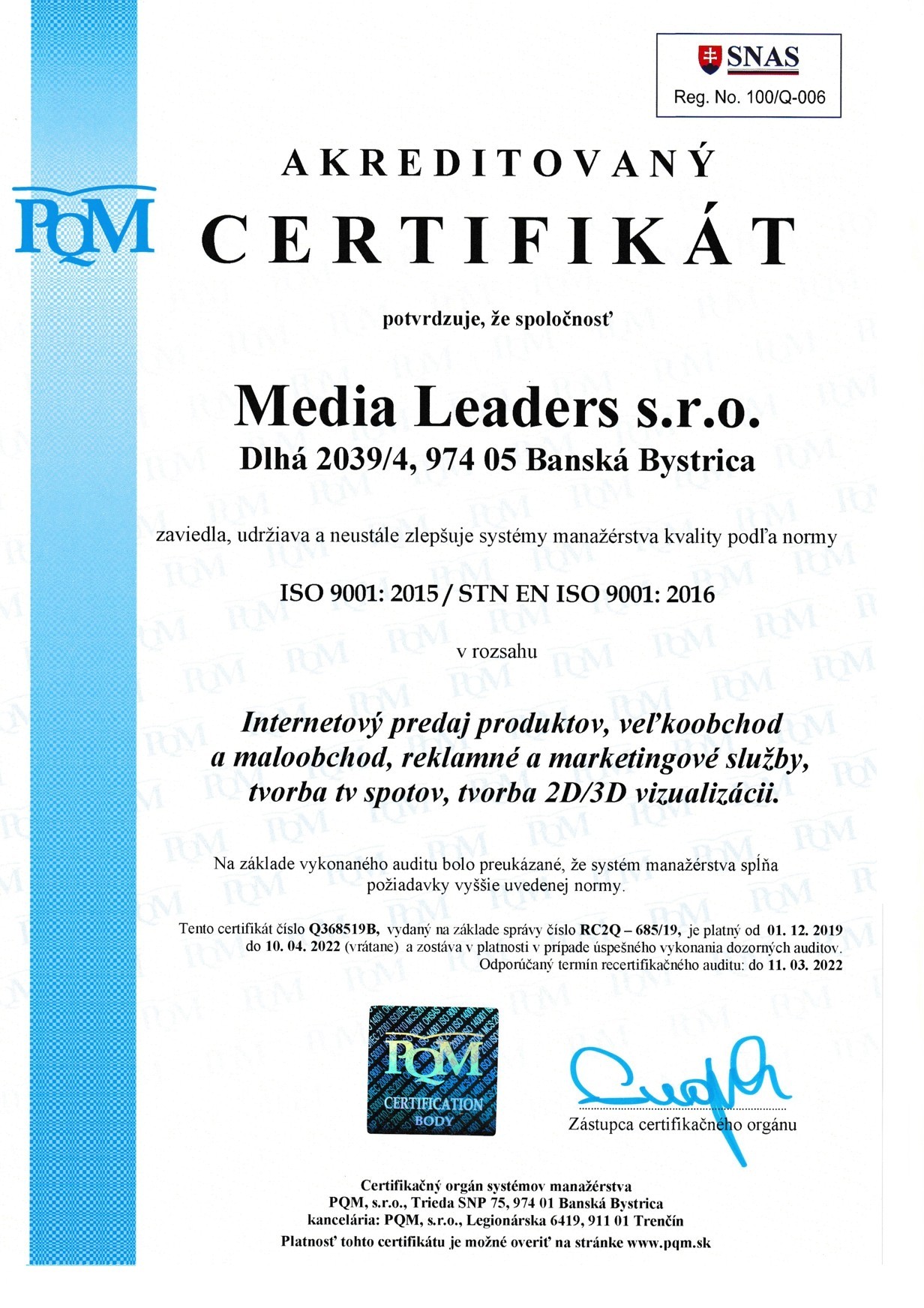 iso 9001 certificaat medialeiders sro