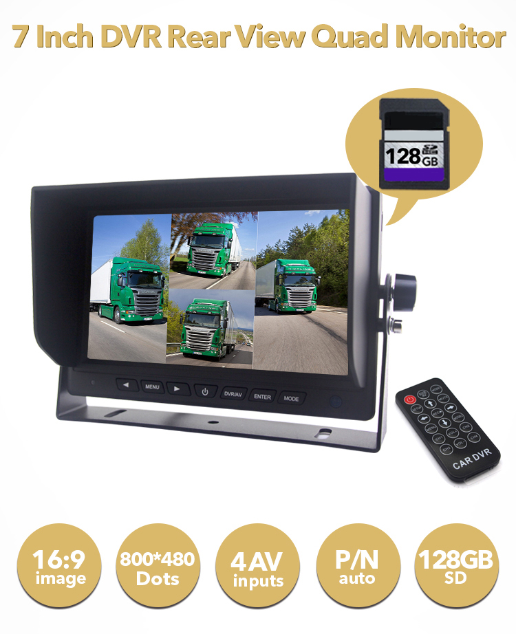 7 inch DVR voor 4 camera's en 128GB SDXC-kaart