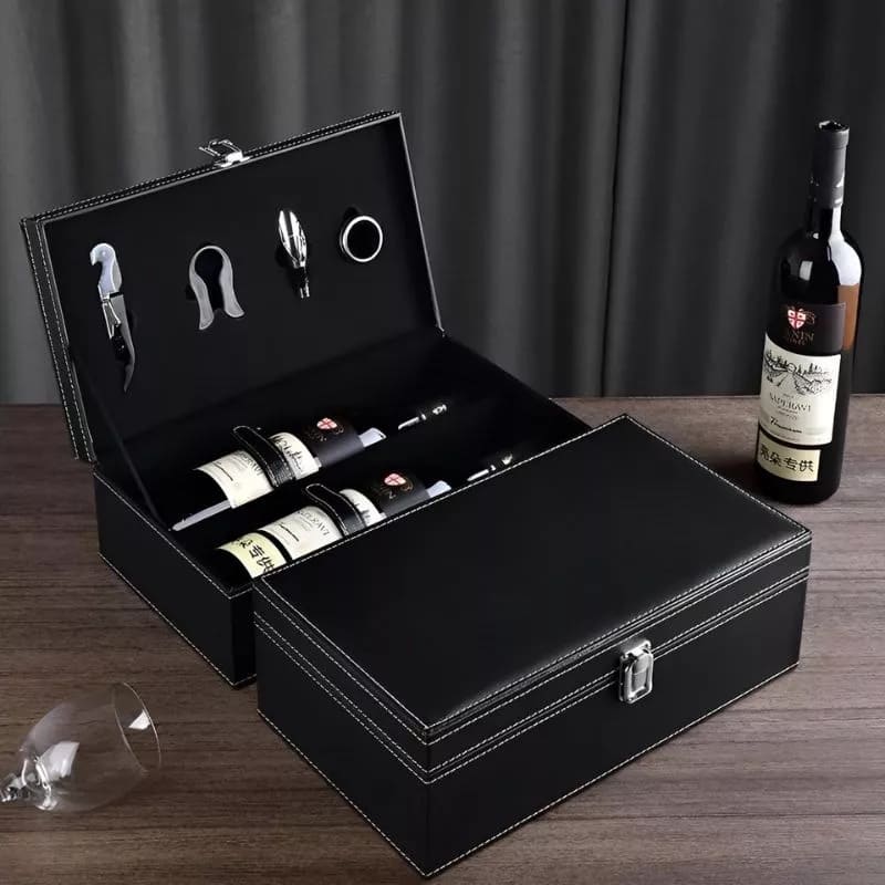 wijn accessoires box set geschenk lederen verpakking luxe manden