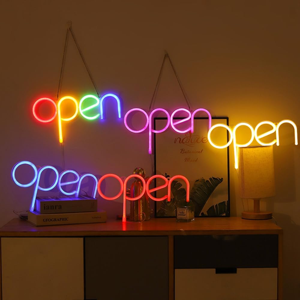 open reclamebord aan de muur led hangend neon