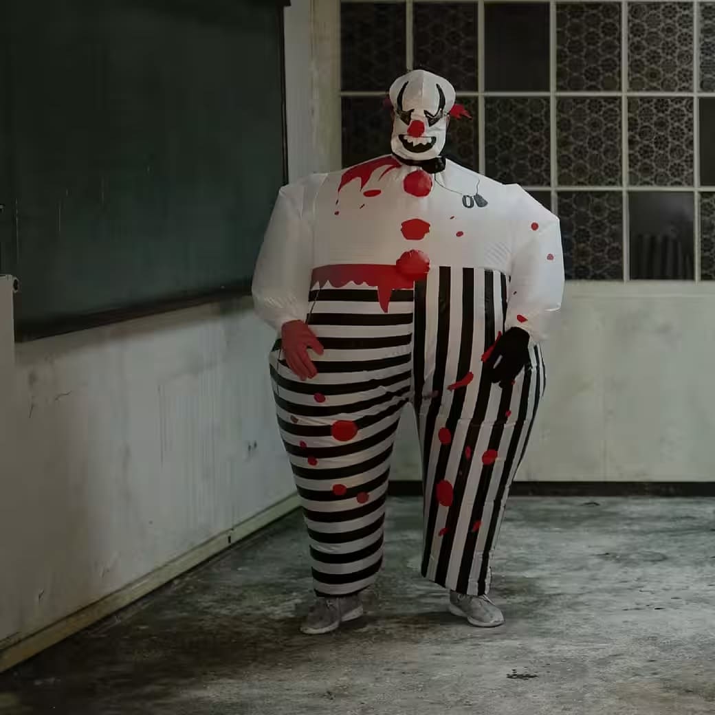 Opblaasbaar eng clownskostuum - Opblaasbaar reclamefiguur met waaier